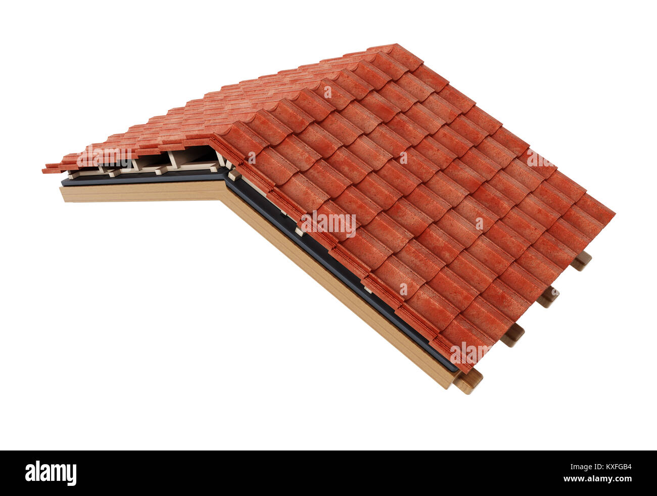 Dachkonstruktion Detail auf weißem Hintergrund. 3D-Darstellung. Stockfoto