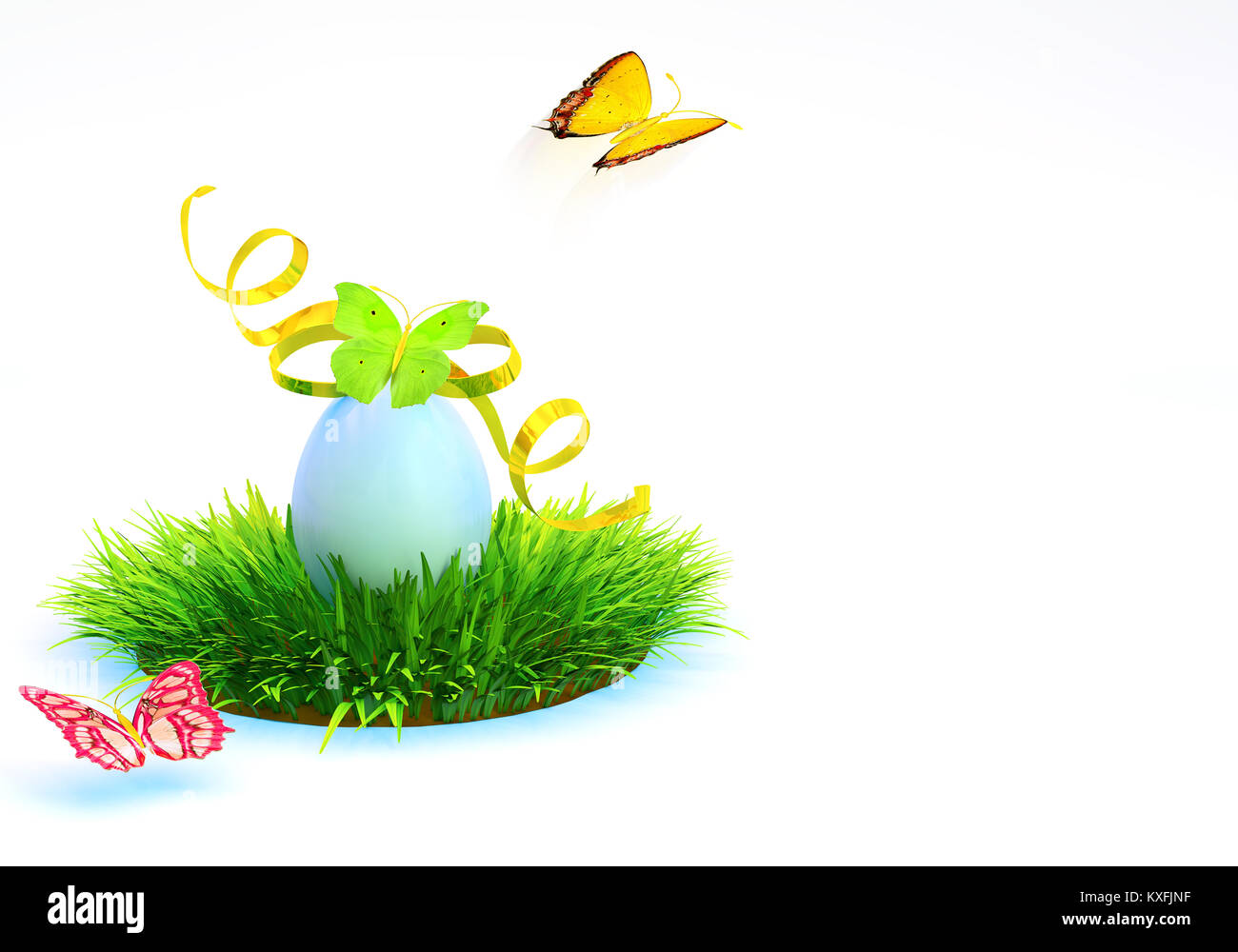 Osterei mit Schleife auf dem Rasen und um flatternde Schmetterlinge. 3D-Rendering. Stockfoto