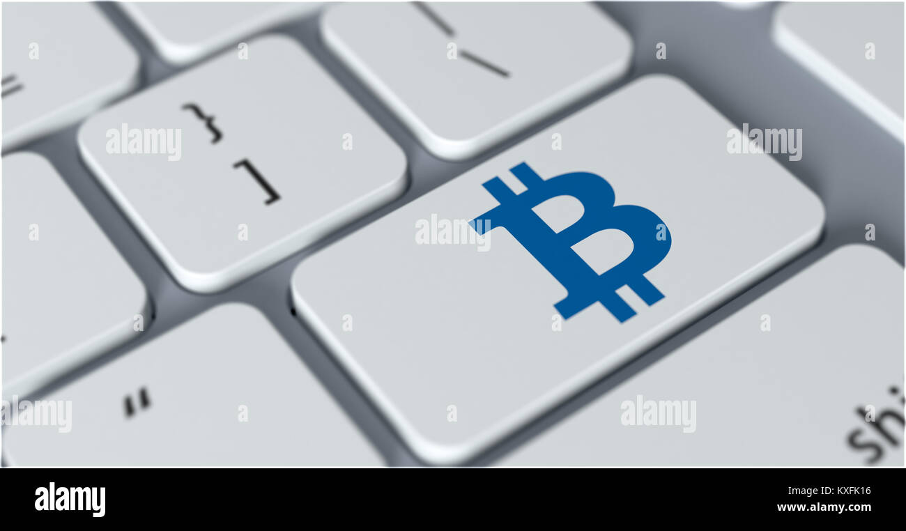 Detailansicht einer Computertastatur mit dem bitcoin Symbol auf der Taste (3d Render) Stockfoto