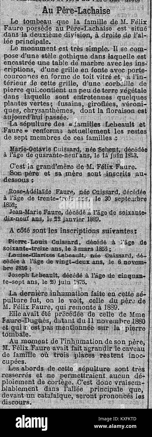 Die Ausgabe von *L’Intransigeant* vom 19. Februar 1899 behandelt den Tod von Félix Faure, dem Präsidenten Frankreichs, und beschreibt seine Beerdigung auf dem berühmten Père-Lachaise-Friedhof in Paris, der ein bedeutendes Ereignis in der französischen politischen Geschichte darstellt. Stockfoto