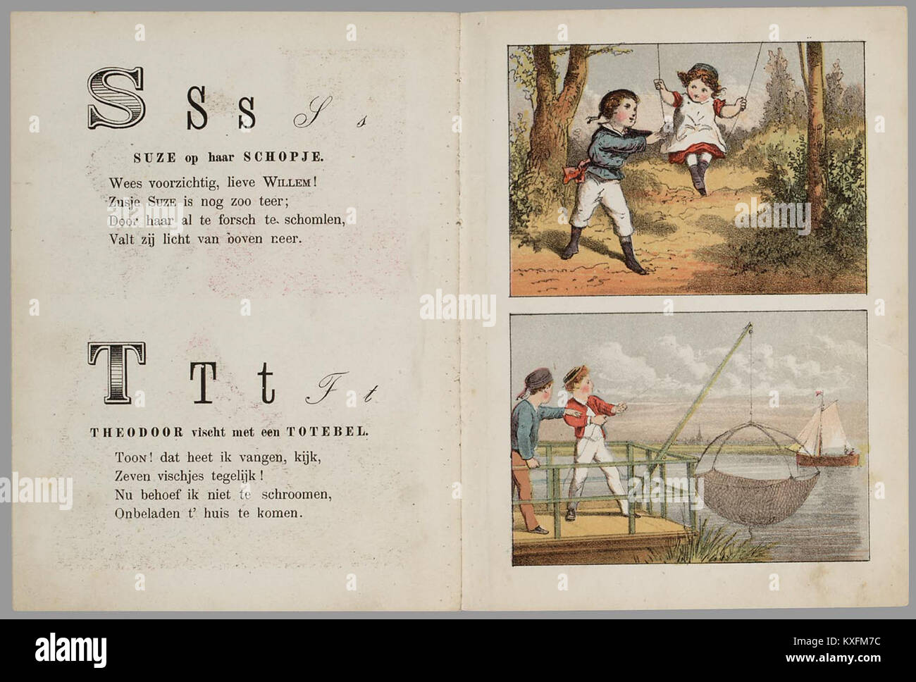 Die „Alphabetische Letterkransje“ von J.F.L. Muller (Leiden, ca. 1870er Jahre) ist ein farbenfrohes lithographisches Kinderalphabetenbuch mit in Kränzen eingerahmten Illustrationen und verspielten Reimversen. Stockfoto