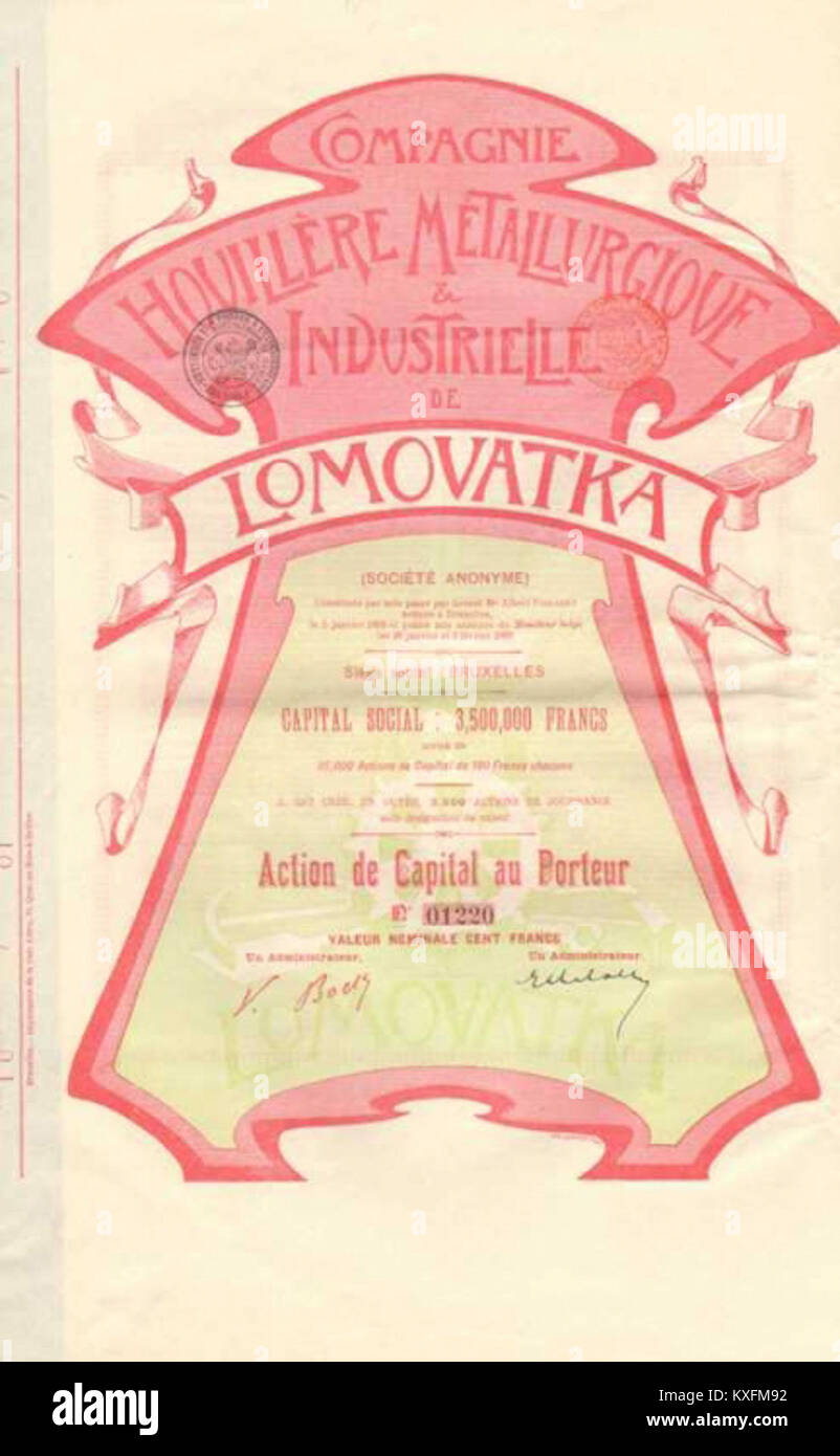 1899. Hovillere & Companie Industrielle de Lomovatka, Акция в 100 франков Stockfoto