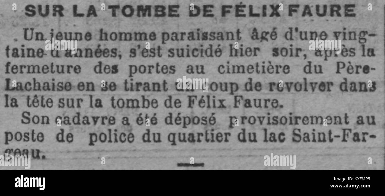 Eine Zeitungsillustration aus Le XIXe siècle vom 21. Juni 1900, die den Selbstmord auf dem Grab des französischen Präsidenten Félix Faure in Paris darstellt. Stockfoto