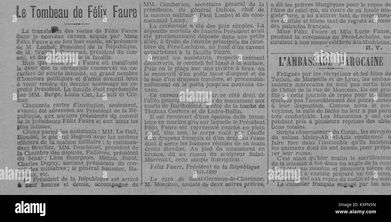 Ein zeitungsartikel von Le Journal vom 20. Juni 1901, der über das Grab von Félix Faure, dem ehemaligen Präsidenten Frankreichs, berichtet und die politische und kulturelle Geschichte Frankreichs dokumentiert. Stockfoto