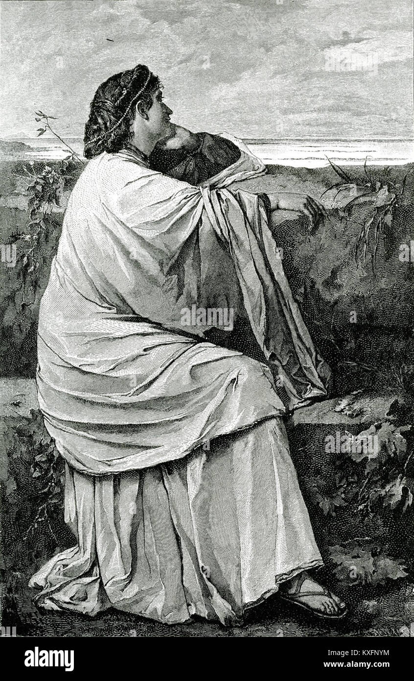 Ein Kunstwerk von Jacob von Falke aus dem Jahr 1887, das eine Szene aus dem klassischen Theaterstück „Iphigenie in Tauris“ darstellt. Das Werk spiegelt neoklassische künstlerische Interpretation der antiken griechischen Mythologie und des Dramas wider. Stockfoto