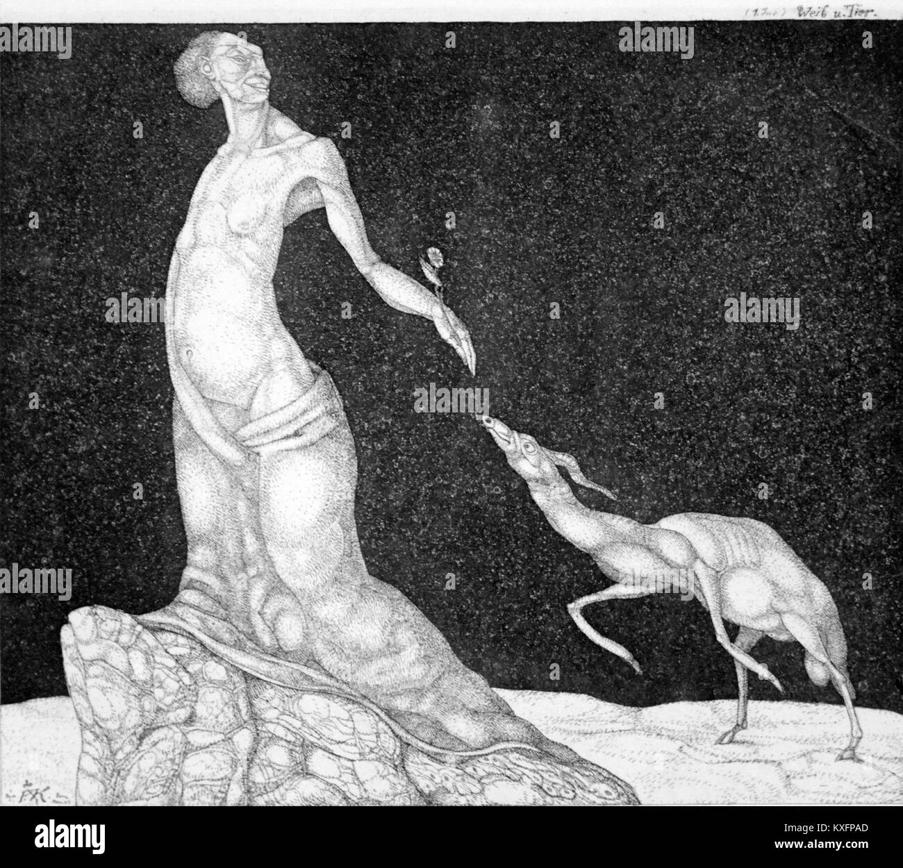 Zeigt die Ätzung „Weib und Tier“ von Paul Klee aus dem Jahr 1904, Teil seiner frühen grafischen Arbeit „Inventions“, die eine stilisierte weibliche Figur und ein Tier in einer symbolischen Komposition darstellt, die menschliche und tierische Formen miteinander verbindet. :ContentReference[oaicite:7]{index=7} Stockfoto