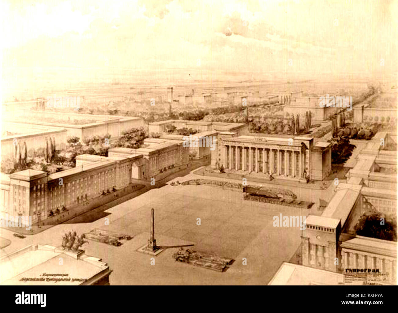 Das Haus der Sowjets in Luhansk, erbaut 1939, ist ein Beispiel für die Architektur der Sowjetzeit. Das Gebäude diente als Verwaltungszentrum und spiegelt den architektonischen Stil der Vorkriegsukraine wider. Stockfoto