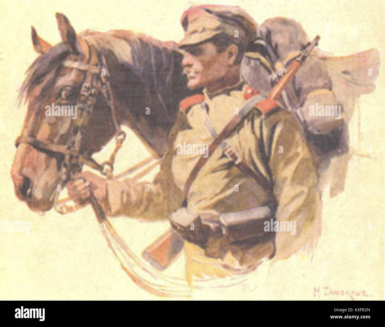 „В Галиции Кавалерист“ (in Galicien – ein Kavallerie) zeigt einen berittenen Soldaten, der während des Ersten Weltkriegs in der Region Galicien diente und die Kavallerie-Einheiten und die regionale Militärgeschichte widerspiegelt. Stockfoto