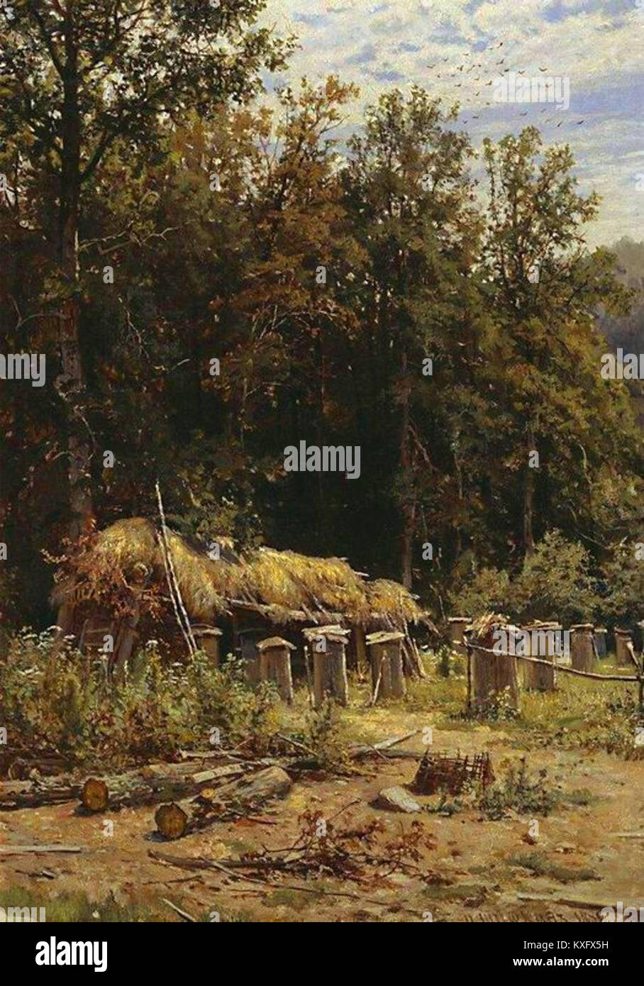 „Apiary“ (Пасека) von Ivan Shishkin zeigt eine ländliche russische Landschaft mit Bienenstöcken, Bäumen und Landschaften, die für den detaillierten naturalistischen Stil des Künstlers charakteristisch sind. Stockfoto