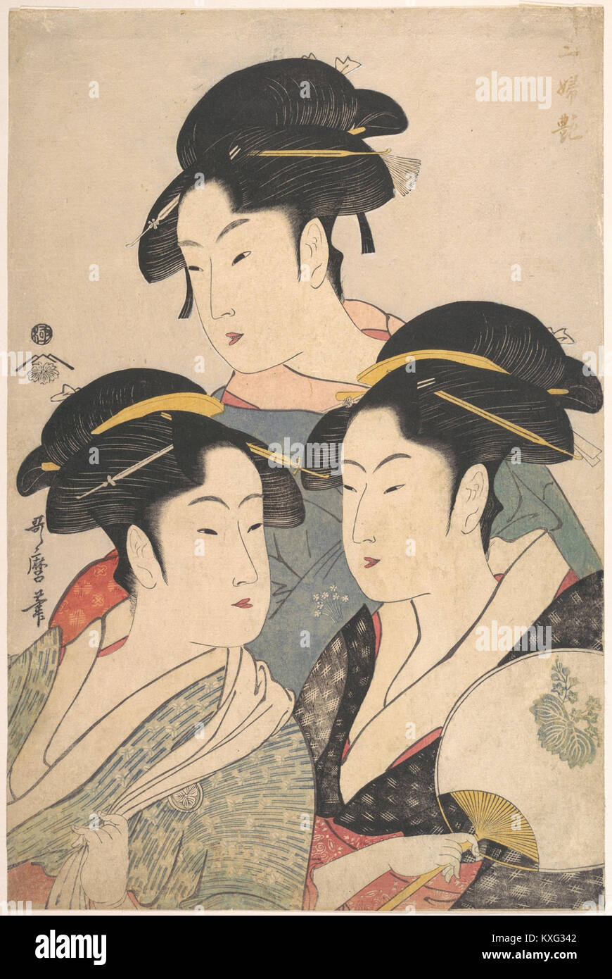 Dieser Holzschnitt von Kitagawa Utamaro, der um 1791 während der japanischen Edo-Zeit datiert wurde, zeigt drei berühmte Frauen der Edo-Gesellschaft in einer dreieckigen Komposition und veranschaulicht den Ukiyo-e-bijin-ga-Stil wunderschöner Frauendrucke. Stockfoto