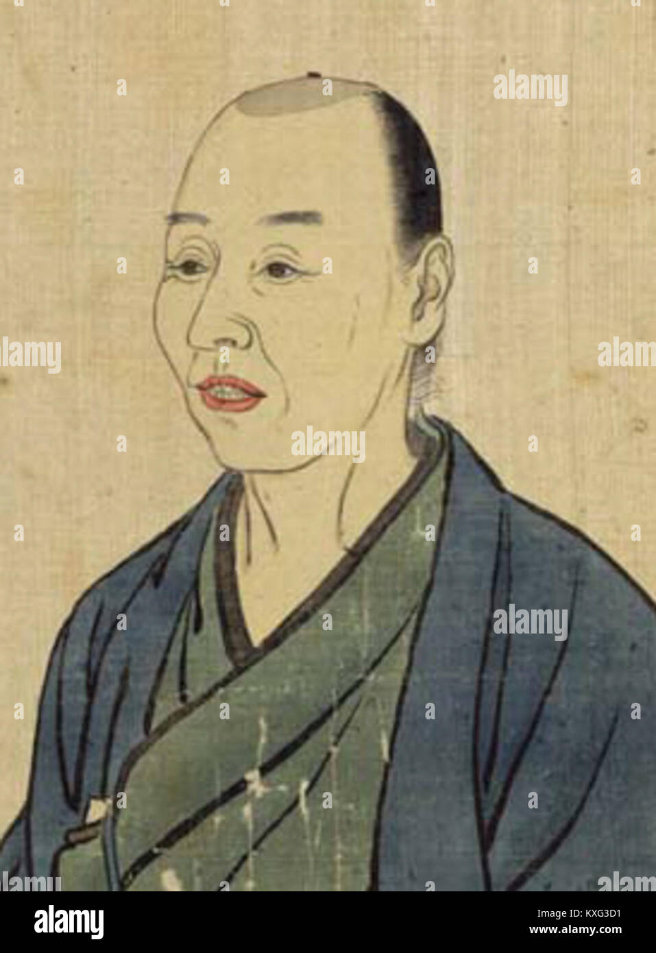 Dieses Porträt zeigt Kanesuke Aida, eine bekannte Figur aus der Edo-Zeit in Japan. Es ist ein schönes Beispiel für traditionelle japanische Porträts, die sein ernstes Verhalten in traditioneller Kleidung zeigen, wahrscheinlich aus einer Zeit von kultureller und politischer Bedeutung. Stockfoto