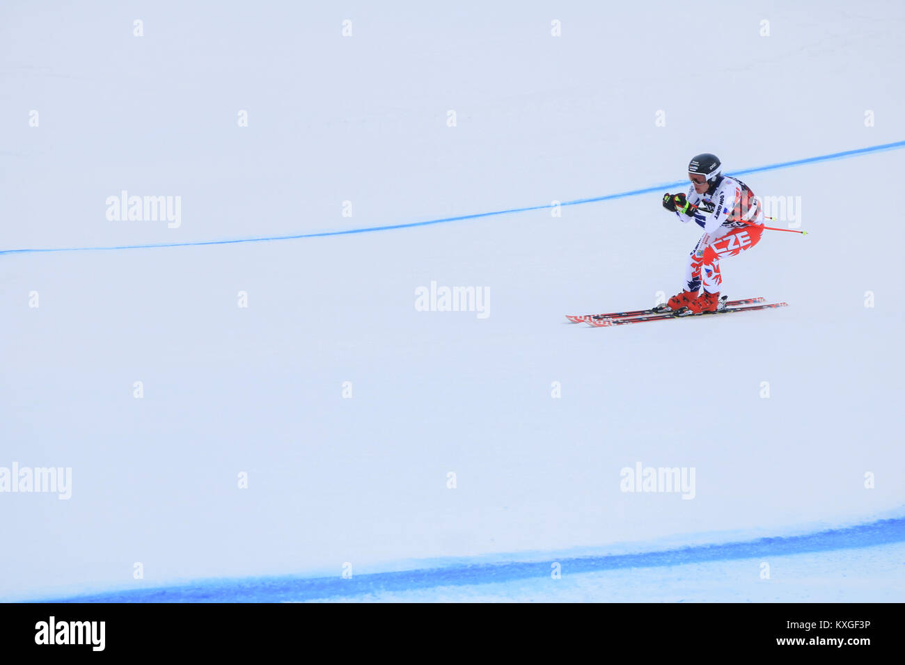Lauberhorn Wengen, Schweiz. 10 Jan, 2018. Die Teilnehmer trainieren vor FIS Alpine Ski World Cup Lauberhorn, die am 12. Januar beginnt. Die Piste ist die längste Rennen im Ski-Weltcup und der Slalom ist einer der anspruchsvollsten Kurse in der Welt der Credit: Amer ghazzal/Alamy leben Nachrichten Stockfoto
