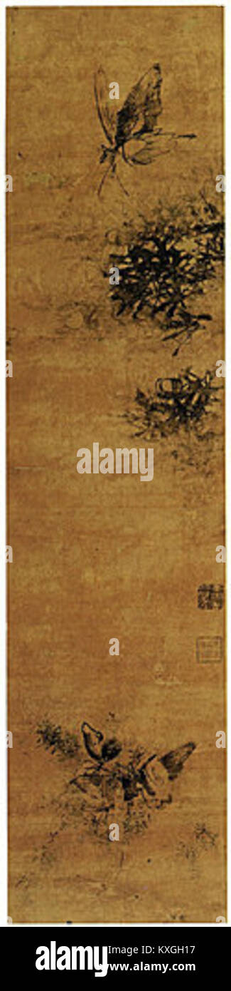 Der Titel „吳鴻業百蝶圖之二“ bedeutet „Wu Hongyes hundert Schmetterlinge, Nr. 2“, ein traditionelles chinesisches Gemälde, das zahlreiche Schmetterlinge darstellt und Schönheit, Anmut und Harmonie in der Natur symbolisiert. Stockfoto