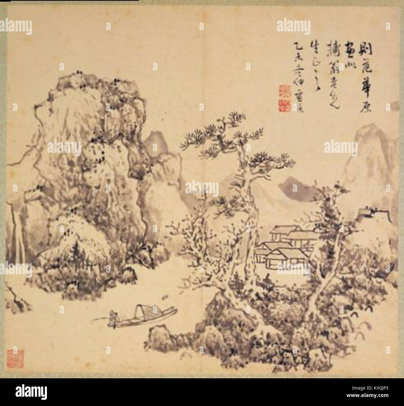 Ein Album der Ming-Dynastie von Lan Ying mit dem Titel „Fishing by the Mountain Stream“ zeigt einen Gelehrten, der in einer ruhigen Berglandschaft im traditionellen chinesischen Stil fischt. Stockfoto