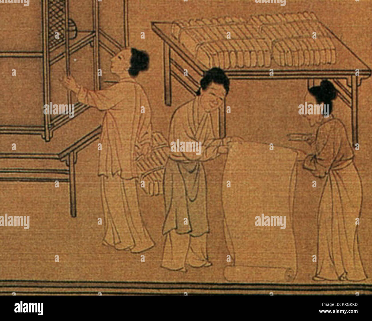 Ein Abschnitt der alten chinesischen Handschrift „Can Zhi Tu“ (Illustration der Serikultur) zeigt den traditionellen Prozess der Seidenproduktion und zeigt Figuren, die sich mit dem Aufrollen von Seide, dem Weben von Stoffen und verwandten Aktivitäten beschäftigen. Stockfoto