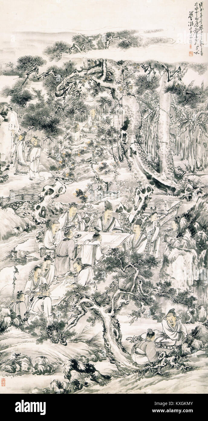 „Gathering of the elegant in the Western Garden“, gemalt in Ansei 5 (1858), ist ein japanisches hängendes Buch, das eine Gruppe von Literaten darstellt, die sich in einem Garten versammelt haben. Das Werk, das im Chiba City Museum of Art ausgestellt wurde, spiegelt Ästhetik und soziale Kultur der Edo-Zeit wider. Stockfoto