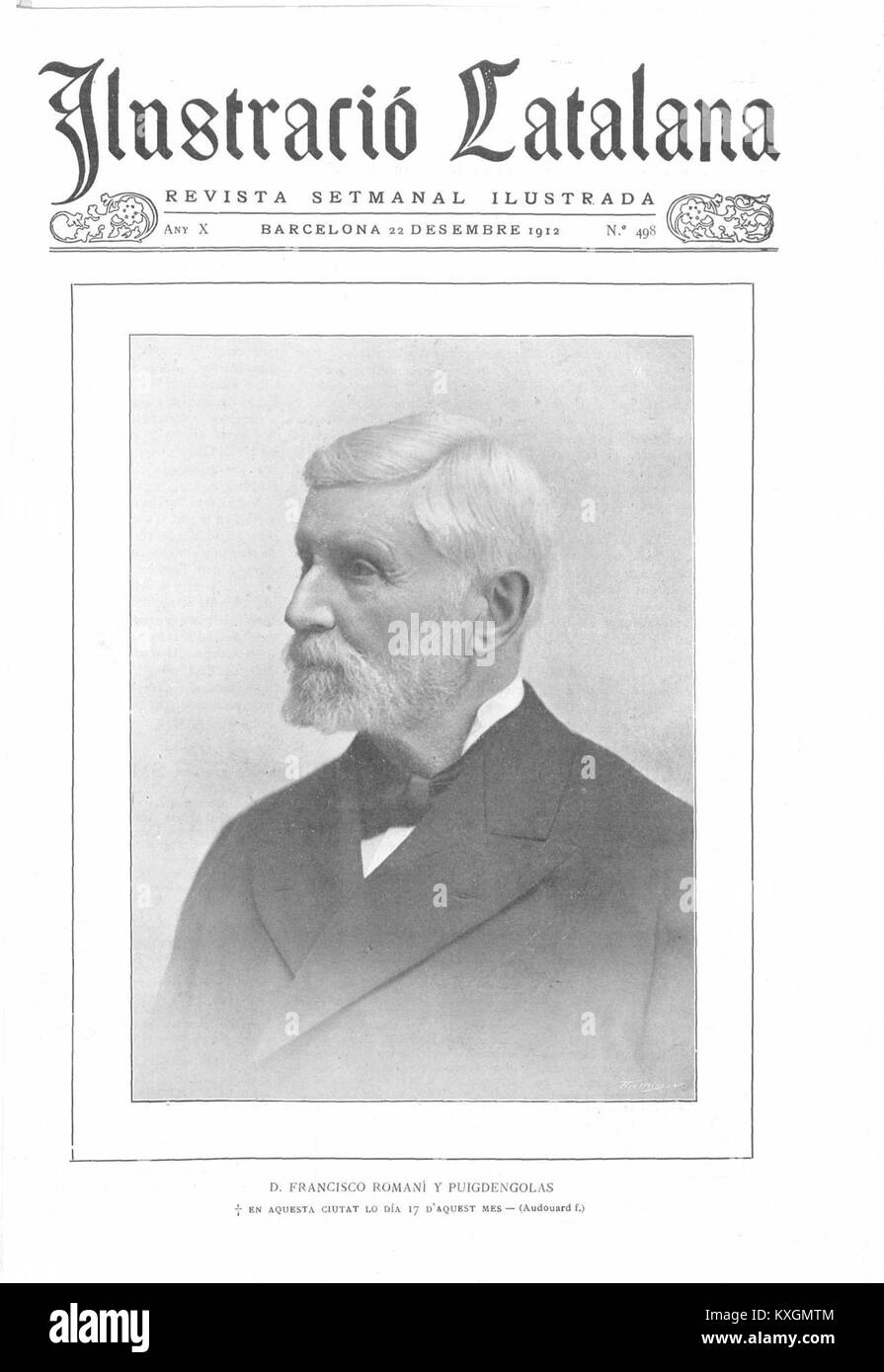 Diese Illustration aus La Ilustración Catalana vom 22. Dezember 1912 stammt von Francisco Romaní y Puigdengolas. Es ist eine bedeutende künstlerische Darstellung aus Spanien des frühen 20. Jahrhunderts, die den detaillierten Stil und kulturellen Kontext der damaligen Zeit zeigt. Stockfoto