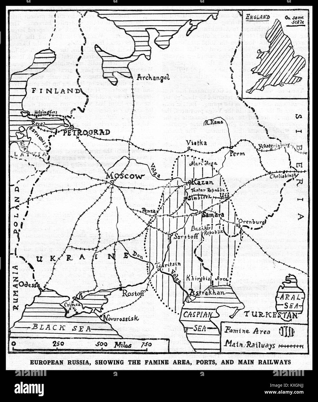 Eine Karte aus dem Jahr 1921, die die von Hungersnöten betroffenen Regionen zeigt, zeigt die geografische Ausbreitung von Nahrungsmittelknappheit und humanitären Krisen im frühen 20. Jahrhundert. Stockfoto