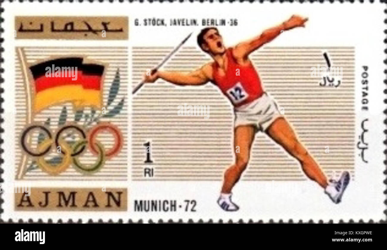 1971 Briefmarke von Ajman, entworfen von Gerhard Stöck, veranschaulicht seinen künstlerischen Beitrag zur Postgestaltung und Philatelistik. Stockfoto