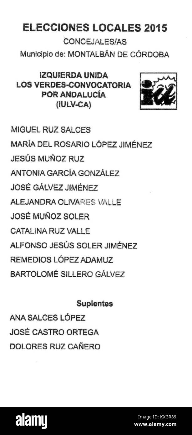 Bei den Kommunalwahlen 2015 in Montalbán de Córdoba, Spanien, wurden die Wähler zur Wahl der Kommunalvertreter gewählt. Die IULV-CA-Partei nahm an den Wahlen Teil und trug damit zum demokratischen Prozess und zu Entscheidungen über die lokale Regierungsführung bei. Stockfoto