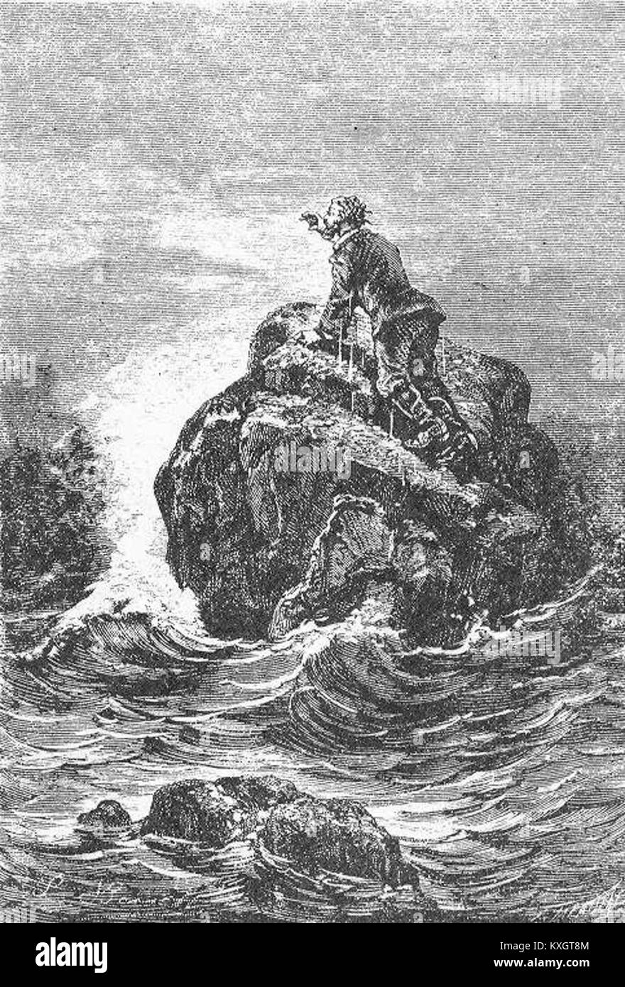 Eine Illustration aus „School for Robinsons“ von Léon Benett zeigt eine pädagogische Szene, die Unterricht und Schüleraktivitäten im fiktionalen Kontext von Robinson Crusoe zeigt. Stockfoto