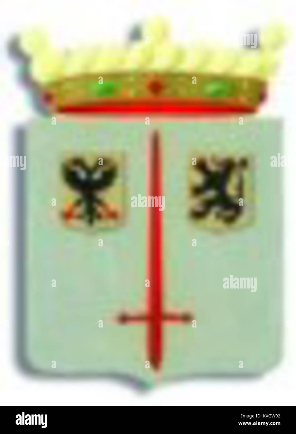 Das Wappen von Aalst, das sich in der belgischen Region Oost-Vlaanderen befindet, spiegelt das Erbe der Stadt wider, mit Symbolen, die ihre Rolle als historisches Handels- und Industriezentrum in Belgien repräsentieren. Stockfoto