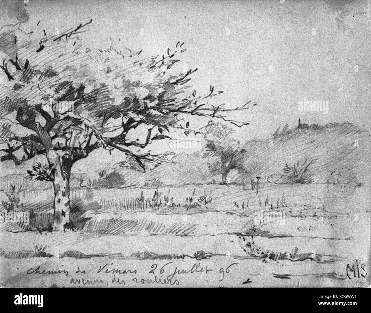 Eine Zeichnung von Louise Abbéma aus dem Jahr 1896 mit dem Titel Chemin de Vemors, die ihr Können in Linienarbeit und Komposition demonstriert. Das Werk spiegelt die französische Kunst des späten 19. Jahrhunderts und Abbémas unverwechselbaren Stil wider. Stockfoto