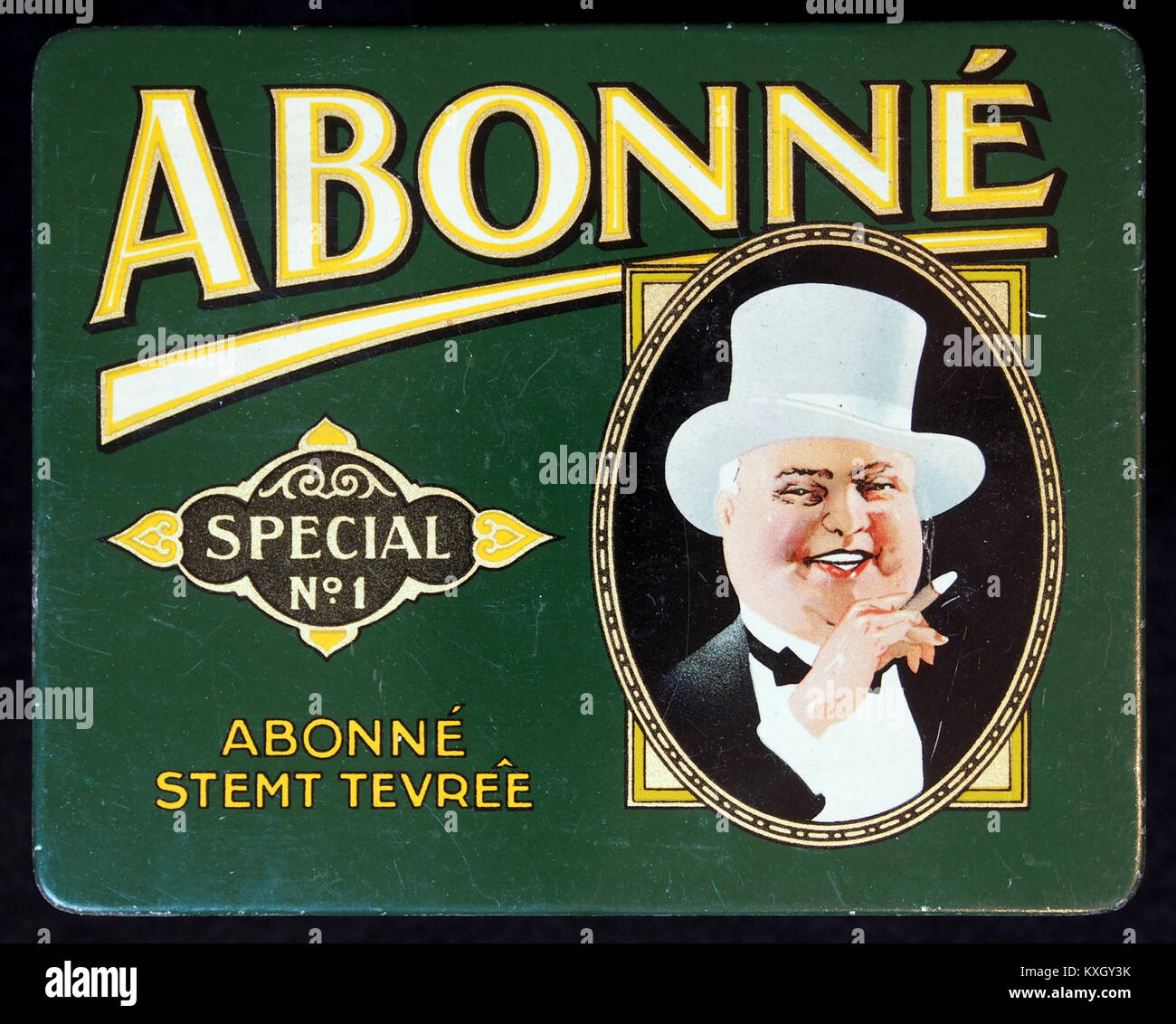 Das Bild zeigt eine Vintage-Zigarrendose mit der Marke „Abonn, Special No 1“, die historische Verpackungen und Markenzeichen in der Zigarrenindustrie darstellt. Stockfoto