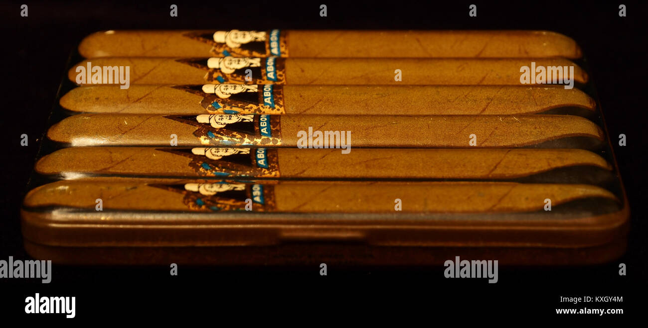 Das Bild zeigt eine Zigarrendose, die in Form von Zigarren ist und Teil von Tabakverpackungen zum Sammeln und damit zusammenhängenden Erinnerungsstücken ist. Stockfoto