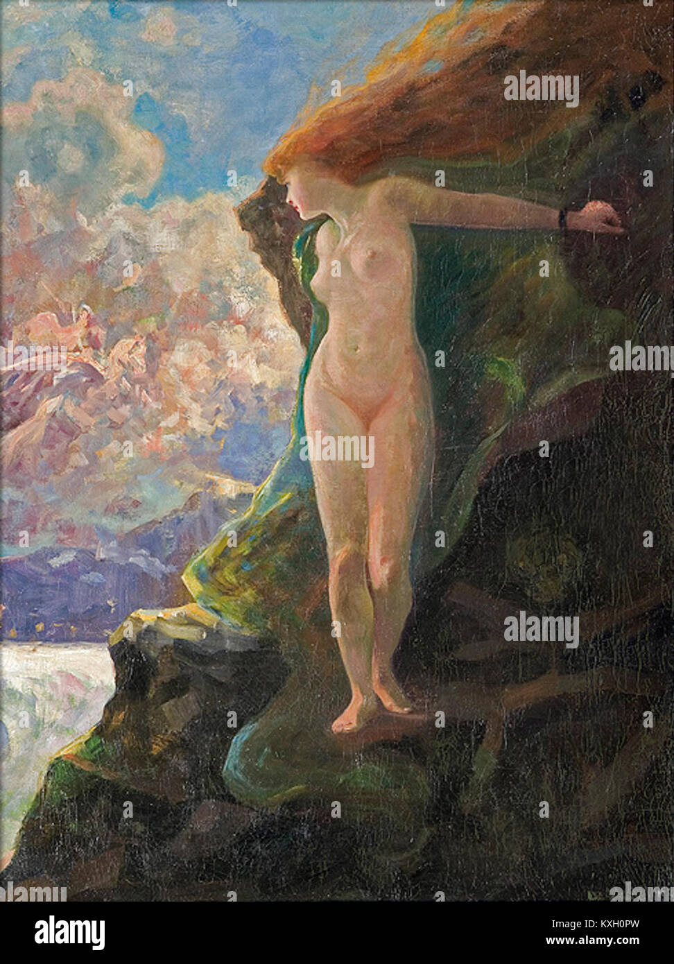 Ein Kunstwerk von Adam Pełczyński mit dem Titel „Andromeda“, das die mythologische Figur im klassischen Stil illustriert und Komposition, Form und symbolische Darstellung betont. Stockfoto