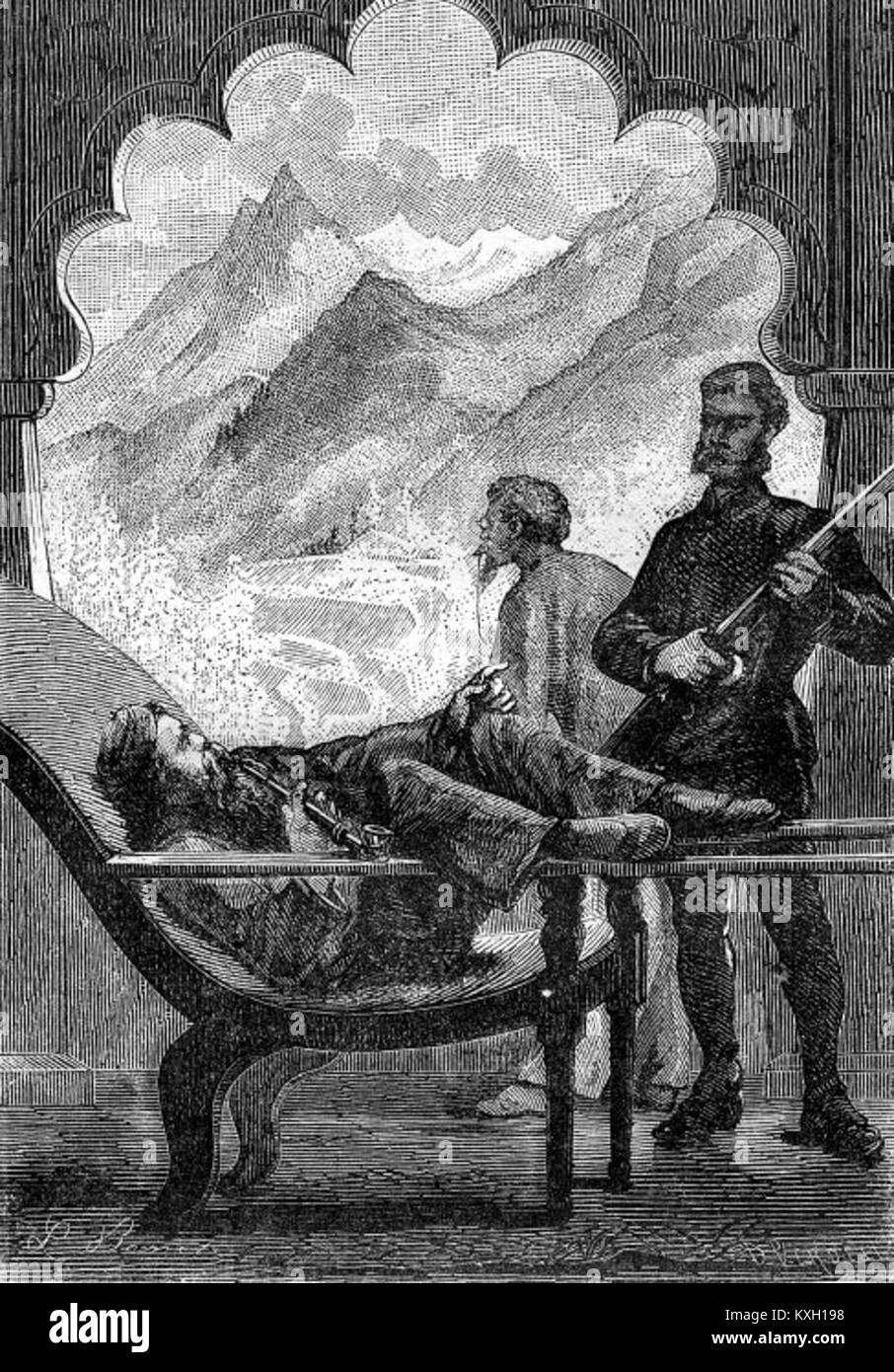 *The Steam House* ist eine neuartige Illustration von Léon Benett, die das Steampunk-inspirierte Design einer futuristischen dampfbetriebenen Maschine zeigt, wie sie in der Story vorgestellt wird. Diese Abbildung zeigt die Vision der Ära des industriellen Fortschritts und der mechanischen Innovation. Stockfoto