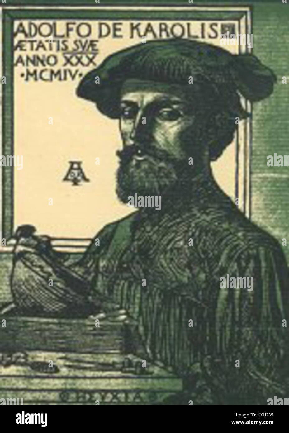 Dies ist ein Selbstporträt von Adolfo de Carolis (1874–1928) aus dem Jahr 1904, der den italienischen Illustrator und Maler im Alter von dreißig Jahren in seiner charakteristischen Kappe und formalen Pose zeigt, die in einer Hell-Dunkel-Kunstdrucktechnik ausgeführt wurden. Stockfoto