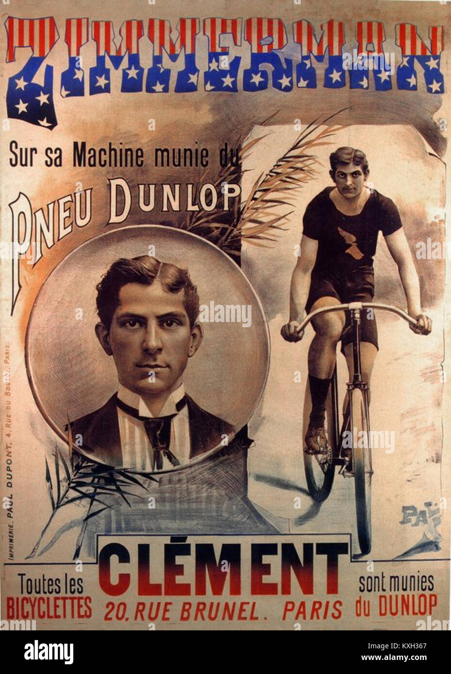 Ein französisches Vintage-Plakat dreht sich um Clément Zimmerman, das im frühen 20. Jahrhundert für Fahrräder und Fahrradkultur werben soll. Das Poster zeigt detailliertes grafisches Design und kommerzielle Kunstfertigkeit, die typisch für diese Zeit ist. Stockfoto