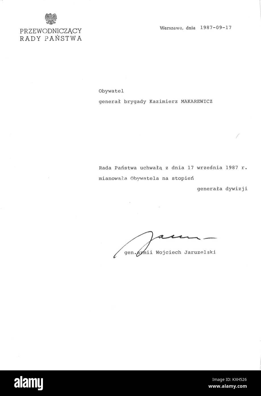 Das Dokument ist eine offizielle Ernennung von Kazimierz Makarewicz zum Generalmajor. Diese bedeutende militärische Förderung fand während einer Zeit von großer Bedeutung in der polnischen Militärgeschichte statt. Stockfoto