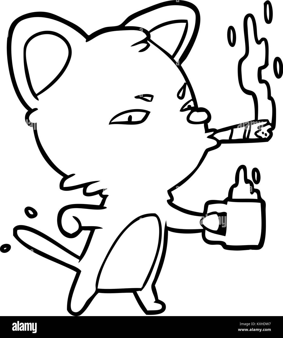Zeichnung eines ernsten Geschäft Katze mit Kaffee und Zigarre Stock Vektor