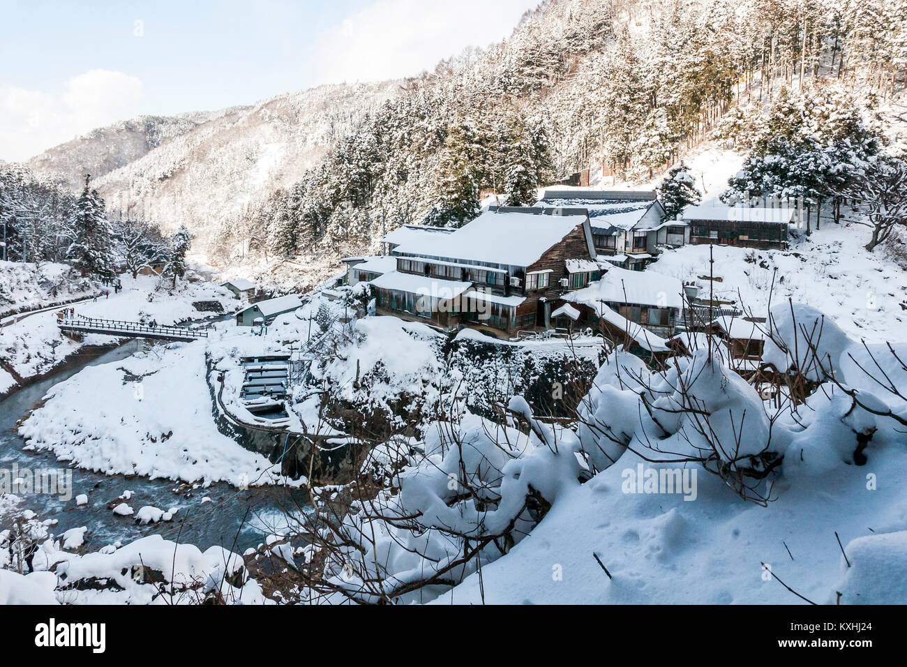 Japanischen Dorf Yudanaka im Winter, Präfektur Nagano, Japan. Stockfoto