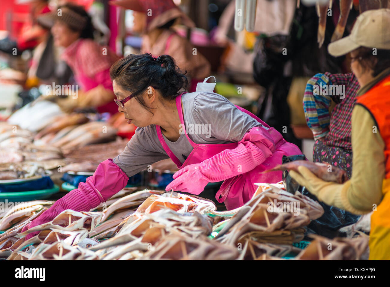 Fisch zum Verkauf an Jagalchi Fischmarkt, Busan, Yeongnam, Südkorea. Stockfoto