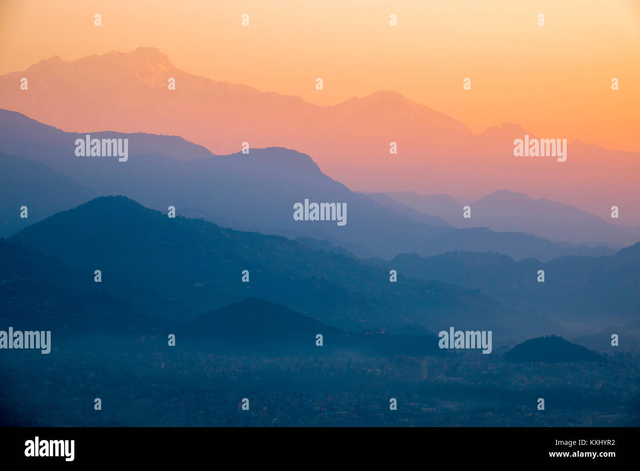 Sunset Landschaft Himalaya Gebirge, Pokhara, Nepal Stockfoto