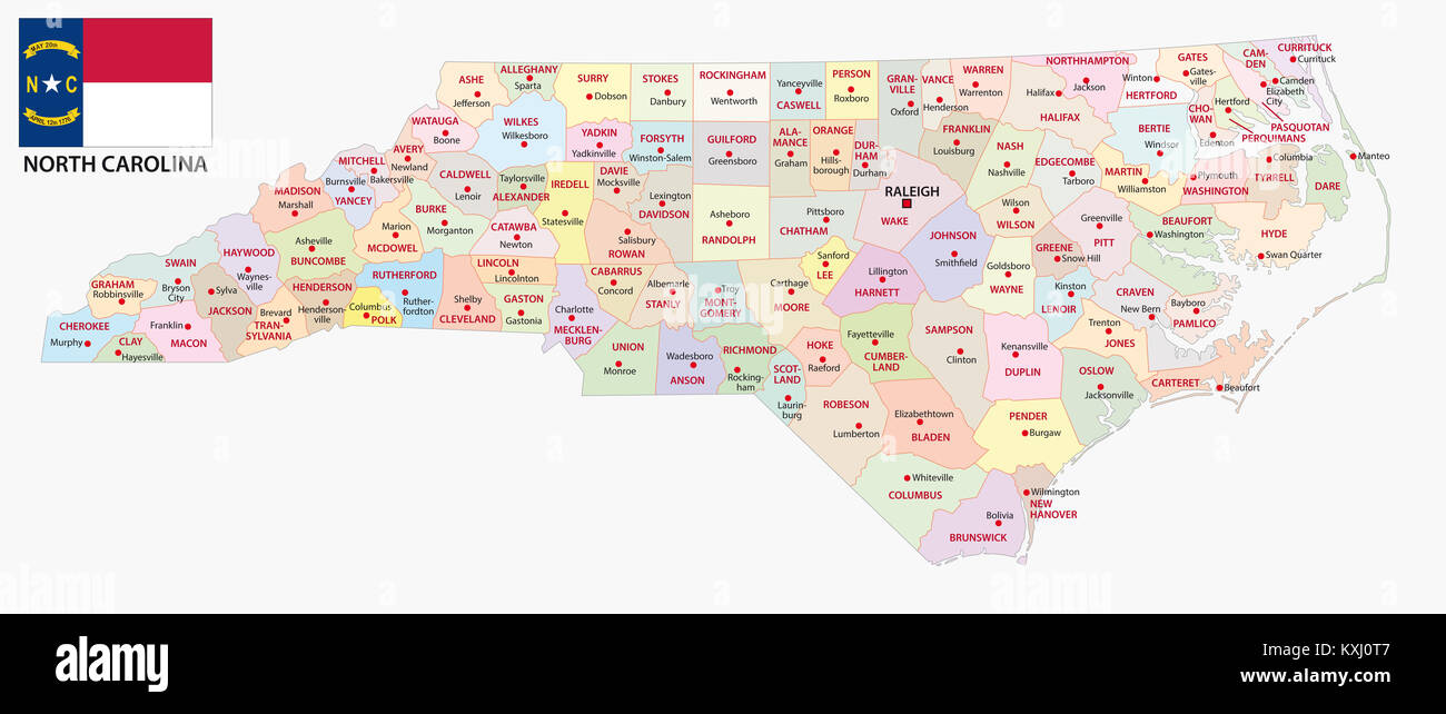 North Carolina administrative und politische Vektorkarte mit Fahne Stockfoto