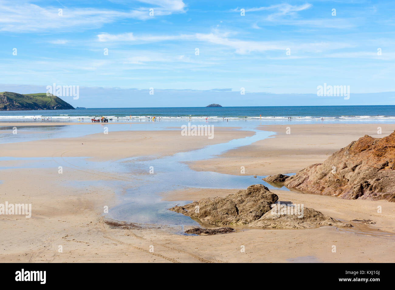 Allgemeine Ansicht eines Polzeath Strand in Cornwall, England. Stockfoto