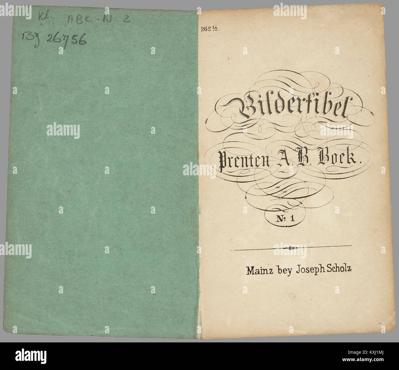 Bilderfibel ist ein historisches Bilderbuch aus der Serie „Prenten ab Boek“, das Illustrationen enthält, die kulturelle und pädagogische Themen durch visuelles Erzählen darstellen. Stockfoto