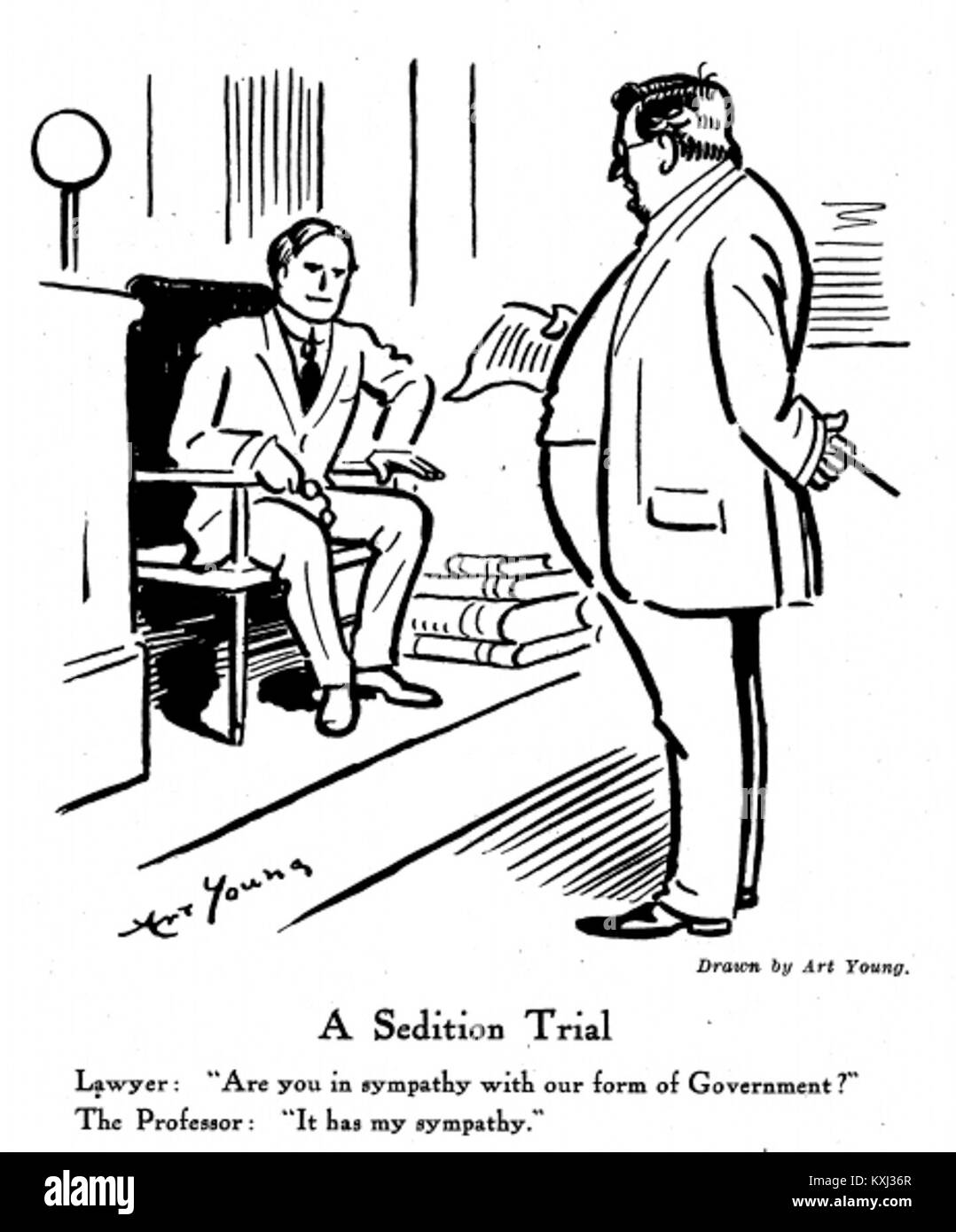 A Sedition Trial ist ein politischer Zeichentrick von Art Young, der Gerichtsverfahren im Zusammenhang mit Aufwiegelungsfällen darstellt und rechtliche und politische Fragen des frühen 20. Jahrhunderts in den Vereinigten Staaten reflektiert. Stockfoto