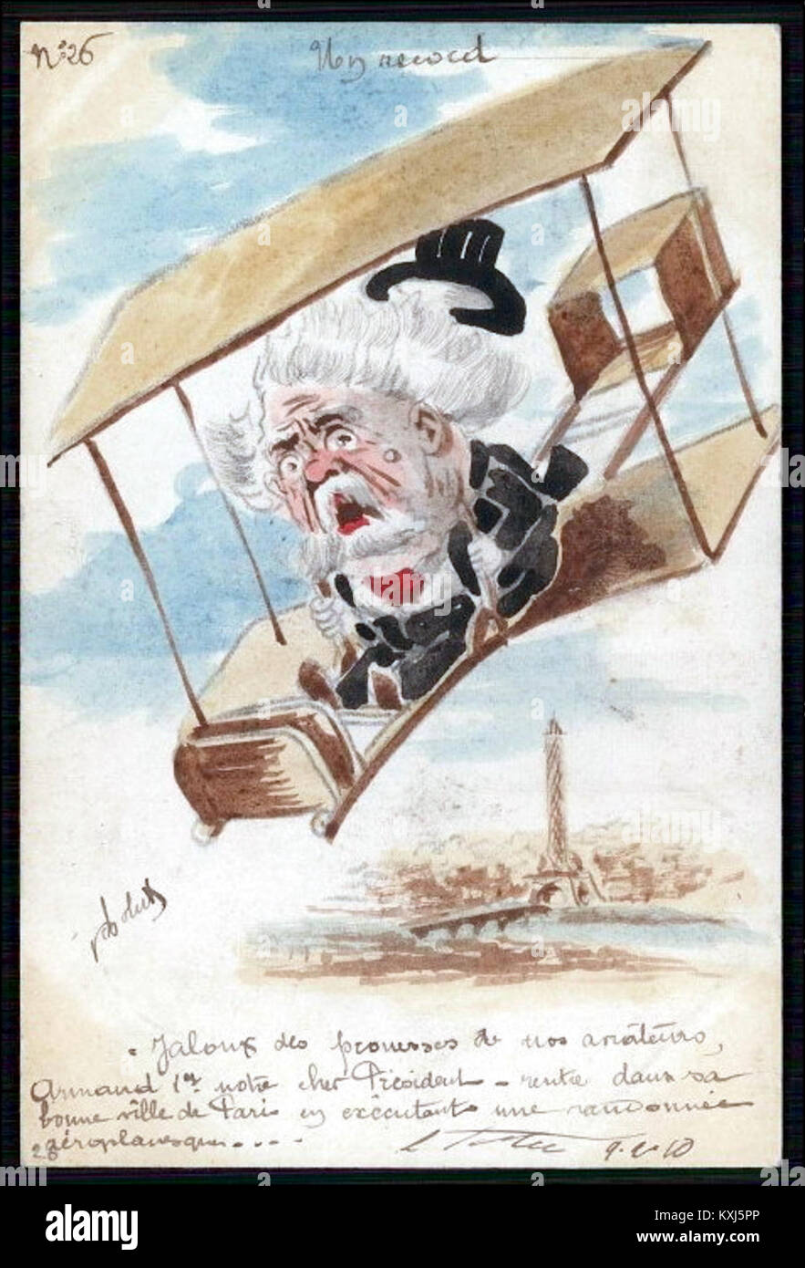 Armand Fallières, der ehemalige französische Präsident, wird hier an Bord eines Flugzeugs gezeigt. Dieses historische Foto fängt einen Moment der Luftfahrt des frühen 20. Jahrhunderts ein und zeigt den technologischen Fortschritt der Zeit. Das Bild spiegelt die Prominenz politischer Persönlichkeiten in der frühen Luftfahrtgeschichte wider. Stockfoto