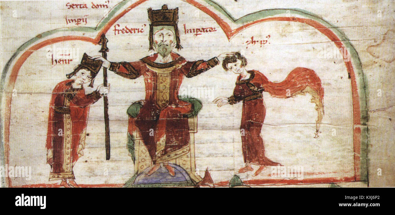 Darstellung von Friedrich Barbarossa, Kaiser des Heiligen Römischen Reiches, und seinen Söhnen, mit Darstellung der kaiserlichen Macht des 12. Jahrhunderts, der dynastischen Abstammung und der mittelalterlichen europäischen Geschichte. Stockfoto