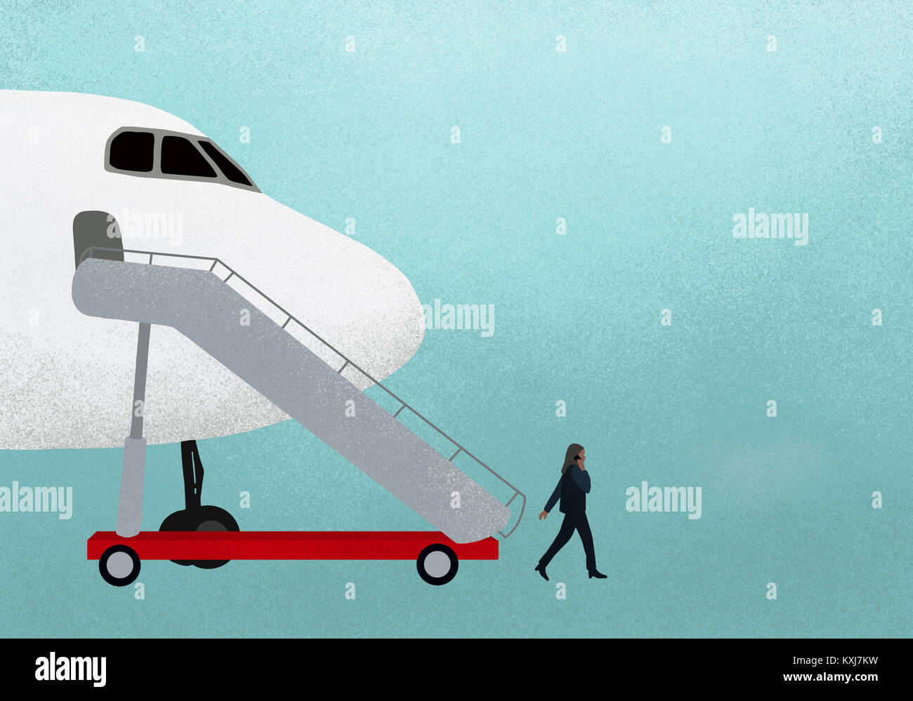 Illustration einer Geschäftsfrau, die mit dem Mobiltelefon vor blauem Hintergrund mit dem Flugzeug unterwegs ist Stockfoto