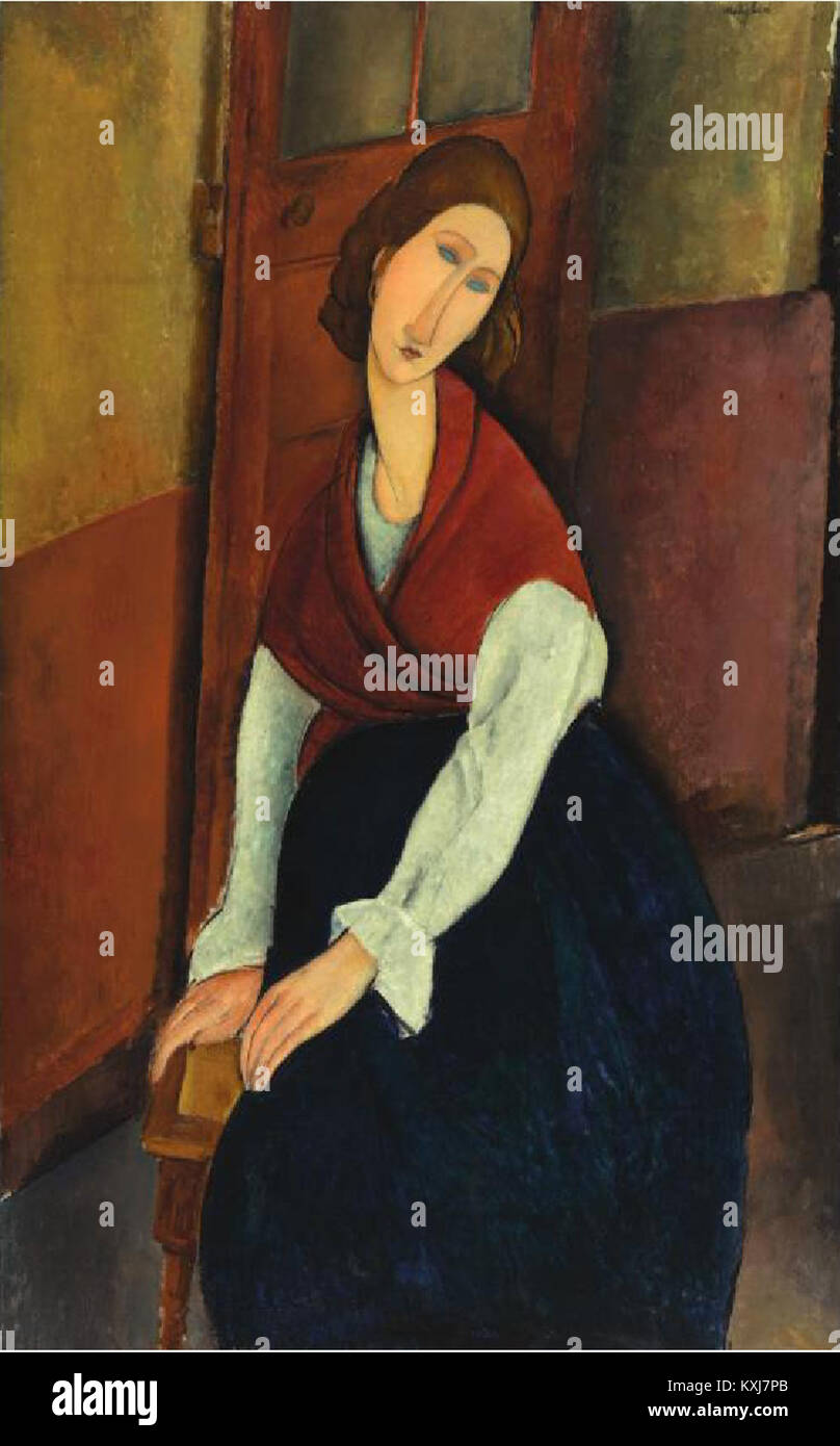 Ein Porträt von Amedeo Modigliani aus dem 20. Jahrhundert von Jeanne Hébuterne, das den unverwechselbaren linearen Stil und die Verwendung von Farben in der europäischen Malerei der frühen Neuzeit zeigt. Stockfoto