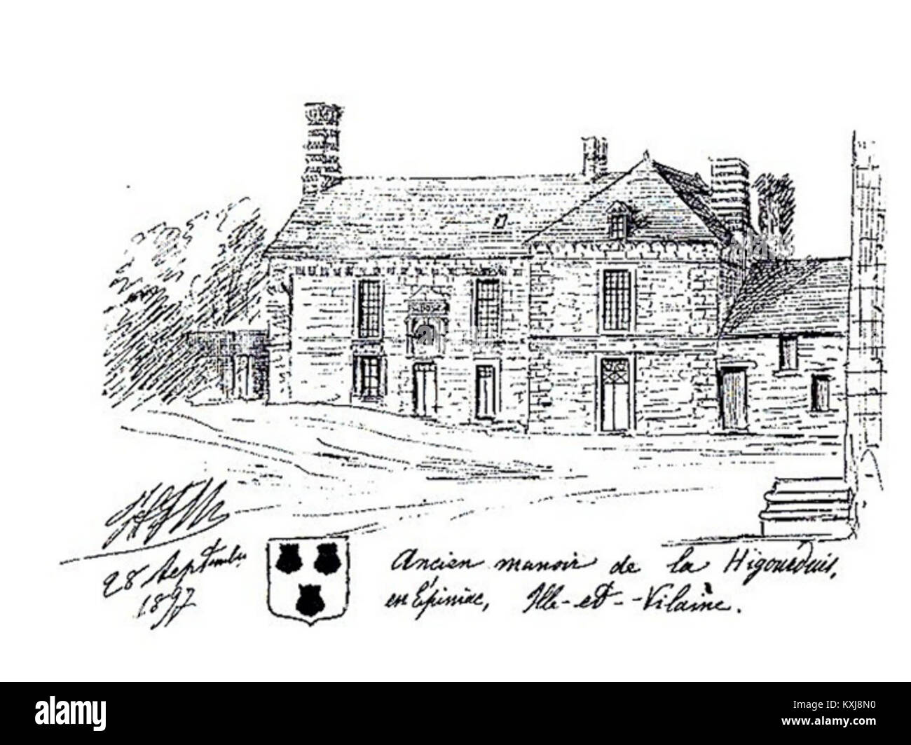 Das Ancien Manoir de la Higourdais in Epiniac, Ille-et-Vilaine, Frankreich, ist ein historisches Herrenhaus mit traditionellen französischen Architekturmerkmalen. Stockfoto