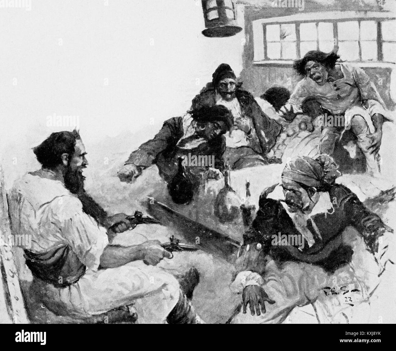 Blackbeard, Buccaneer - Seite 120 - Die Ersten Offizier sprang mit einem schrecklichen Schreien (BW) Stockfoto