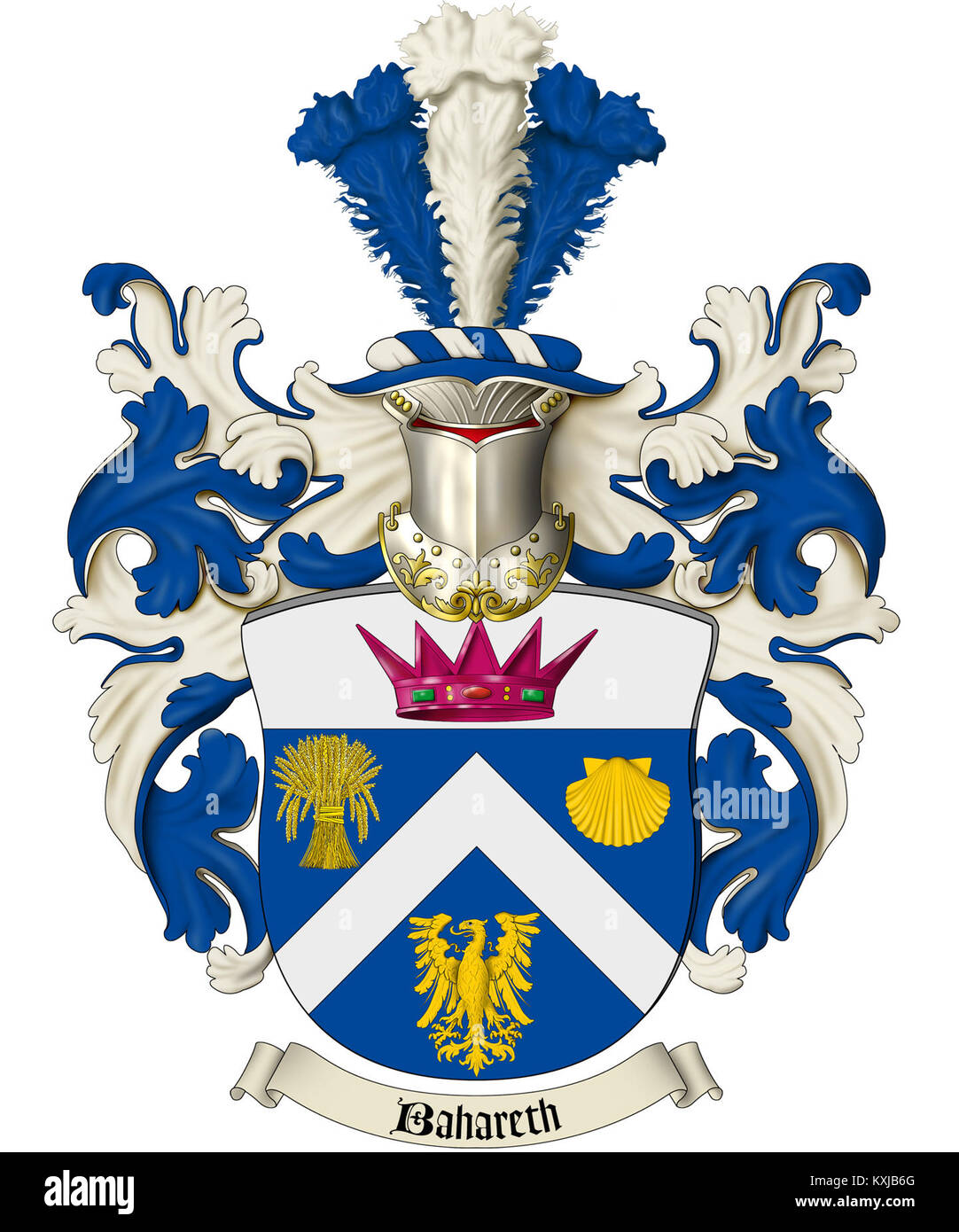 Eine Darstellung des modernen Familienwappens der Bahareth, das heraldische Symbole und Designelemente zeigt, die die Abstammung und das Erbe der Familie repräsentieren. Stockfoto