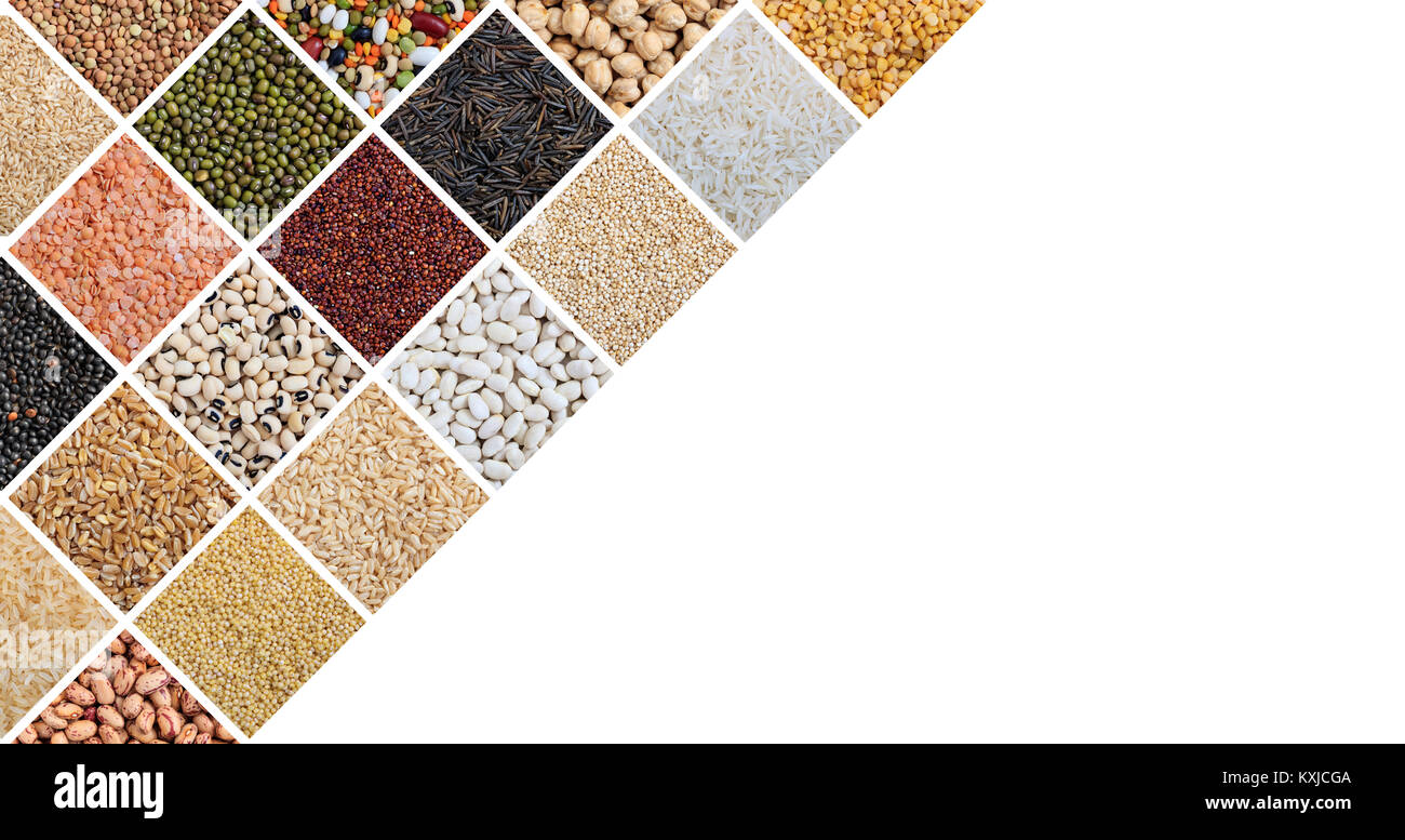 Verschiedene Arten von roher Reis und Hülsenfrüchte Collage und Kopie Raum Stockfoto